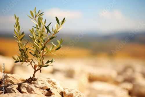 Olive tree growing on the rocks against the background of Palestine. Pray for Palestine concept.