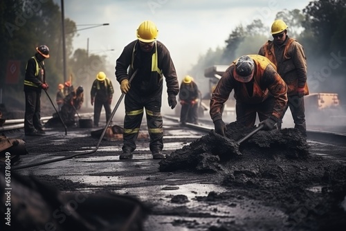 A group of construction workers working on a road. Suitable for illustrating construction projects and infrastructure development.