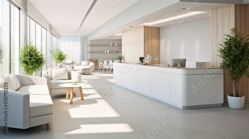 A modern clinic with clean design, light gray and white walls, pops of color, stylish furniture, glass top reception desk, comfortable seating, and a bright, spacious, and calming waiting area