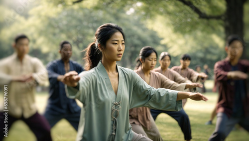 group of oriental people practicing tai chi in a park in manhatan, united states, ancient oriental culture