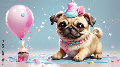 cute pug with birthday cake and colorful background