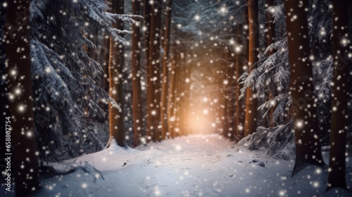 A snow covered forest with a light at the end of it