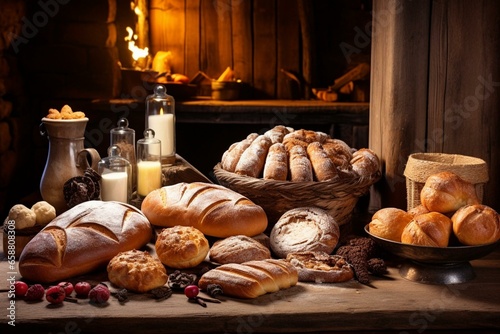 Charming food arrangement of homemade bakery items in a rustic setting. Generative AI