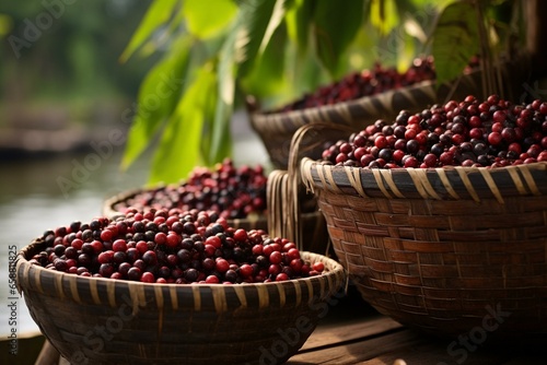 Acai berries in straw baskets on a red boat amidst Amazon rainforest trees. Environment, conservation, biodiversity, healthy food, ecology, agriculture. Generative AI