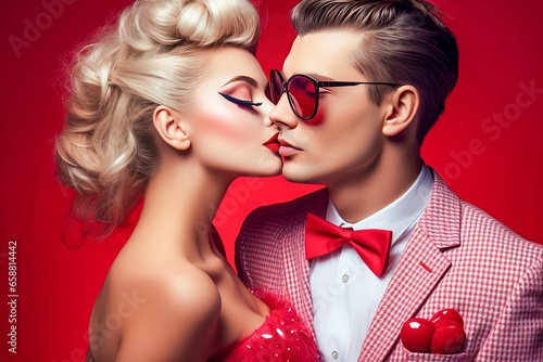 baiser sophistiqué et tendance symbole de la Saint-Valentin entre un jeune homme et une jeune femme modernes et à la mode.