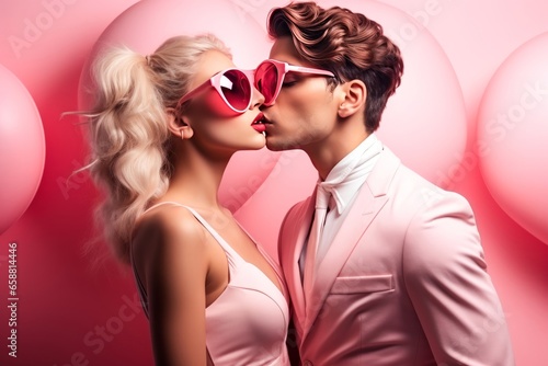 baiser tendance et mode d'un couple de jeunes amoureux à la Saint-Valentin sur fond rose.