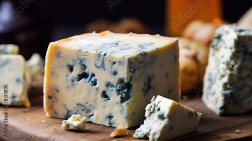 Blue gorgonzola cheese on rustic wooden background