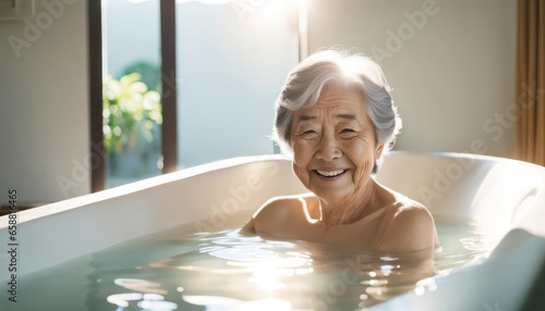 Elderly asian lady enjoying a hot bath with copy space