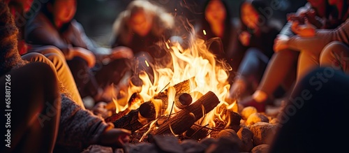 Hand of woman warming on campfire Asian friends sitting around campfire at night Friends camping near bonfire on winter vacation at night With copyspace for text