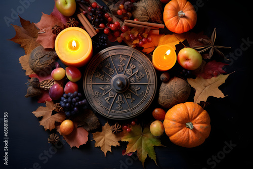 Wiccan altar for Mabon sabbat. fruits, pumpkins, candle, nuts and wheel of the year on abstract dark background. Witchcraft, esoteric spiritual ritual for fall season. symbol of Harvest. top view