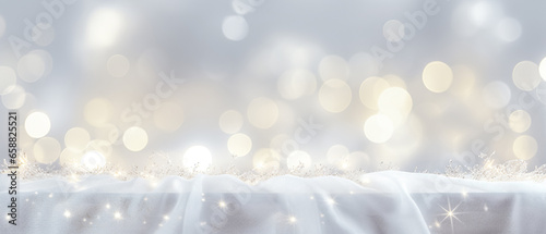 Bokeh winter background. Glitter vintage lights background. silver and white. 