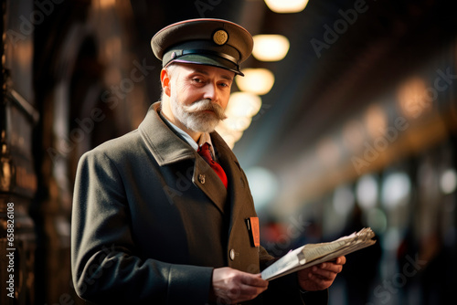 Russian Railway Professional: Dedicated Male Train Conductor at Work