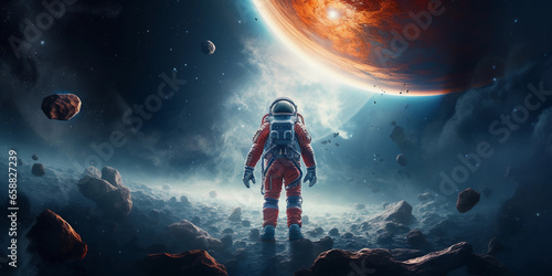 Astronaut on moon with helmet. Outer space travel - galaxy, stars and planets.