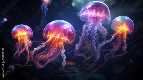 Mysterious deep-sea creatures, featuring glowing jellyfish and elusive deep-sea fish. Generative AI