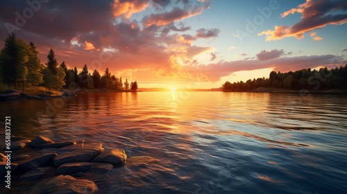 A stunning sunset landscape, illuminating tranquil waters with golden hues. Generative AI