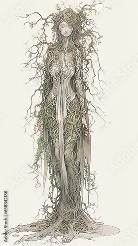 An illustration of a dryad with white background. Generative AI. 