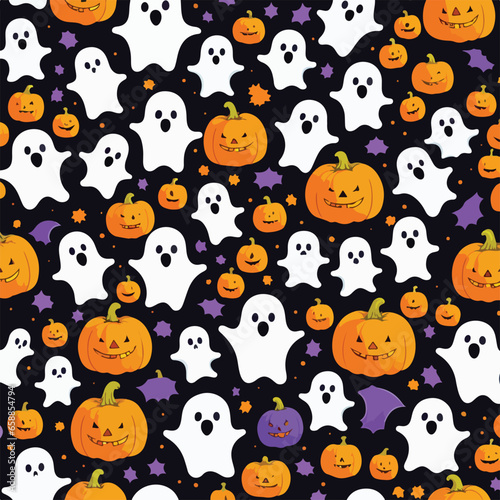 Cute halloween ghosts and pumpkins repeating pattern in vestor illustration. Ghostly Gourds in the Moonlight