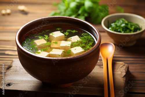 Miso soup with tofu and wakame seaweed on a wooden table