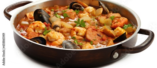 Stewed seafood cooked in a saucepan With copyspace for text