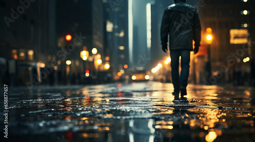 Lone Wanderer on a Wet City Street, solitary figure walks down a rain-slicked urban street at night, with city lights casting a reflective glow, evoking a sense of introspection.