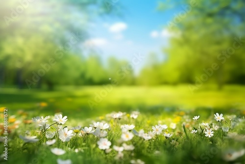 Beautiful blurred spring background nature with blooming glade, trees and blue sky on a sunny day. generative ai.