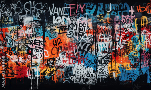 A black wall transformed by colorful graffiti tags, offering a street art-centric background wallpaper