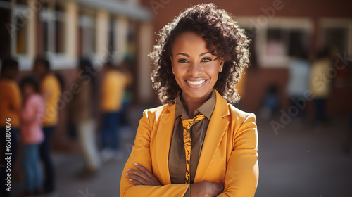 Portrait of smiling african american woman teacher posing with arms crossed outside classroom, elementary to university education, copy space, Women day