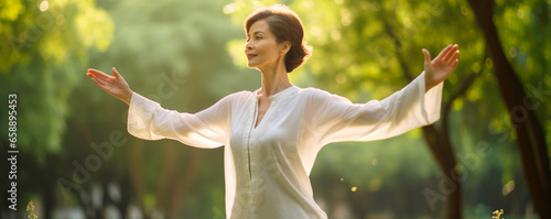 Tranquil Movements: Senior Woman Embraces Tai Chi Taoist Practice in an Outdoor Park.