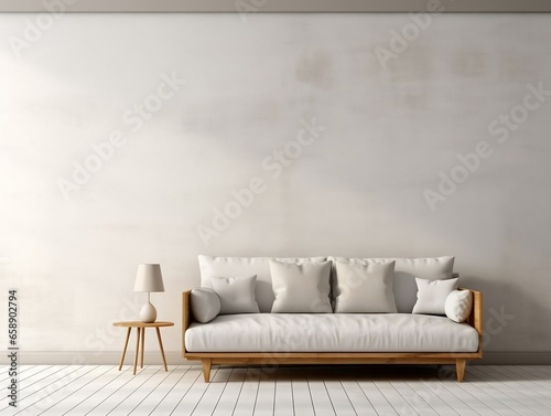 Modern white wall empty room with a couch and pillows generative ai