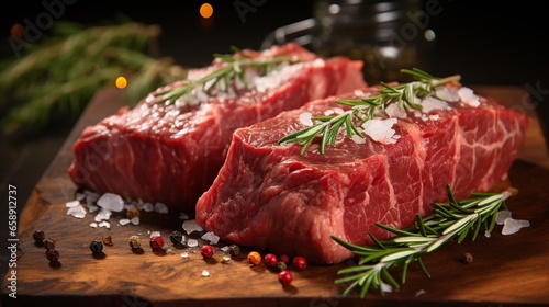 Raw beef fillet steaks mignon with spices on wooden background