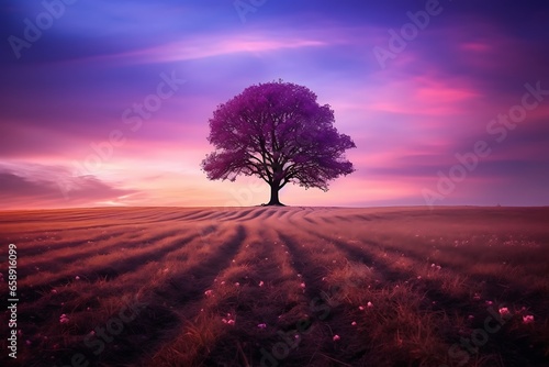 Lonely tree in a field on a purple sunset background.