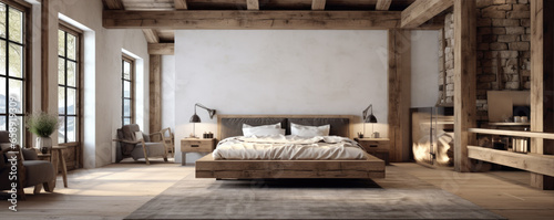 Bedroom interior design with wooden beams in ceiling and hardwood floor.