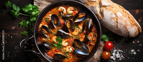 French Corsican fish stew with mussels and garlic baguette seen from above in a pot With copyspace for text