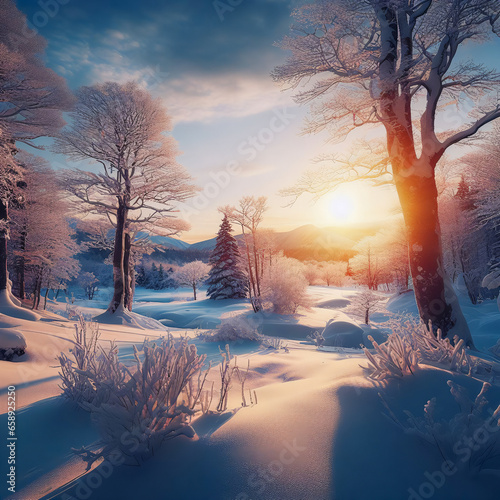 Sunset in the snow forest in winter
