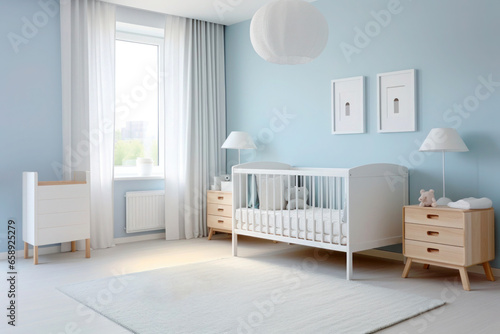 Minimalistic newborn baby room with light blue walls