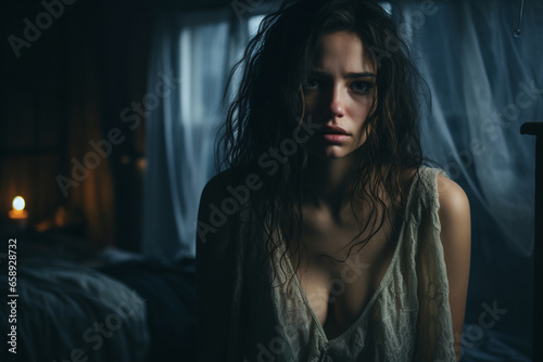 distraught woman in bedroom scared looking at camera