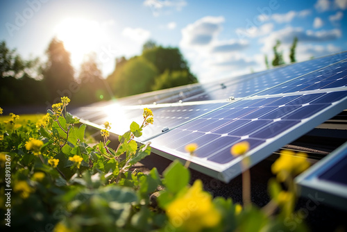 Solar power panel installed on a rooftop. Green energy. Electricity. Power energy pannels. Solar batteries production.