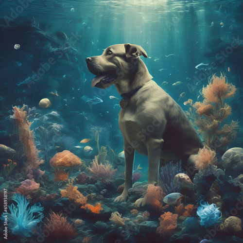 dog in the sea ,coral reef around it 