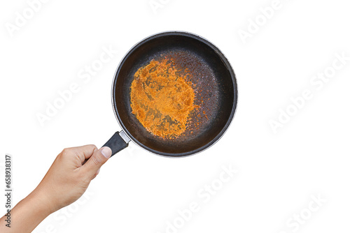 A man holds a round rusty iron pan isolated on a white background. Do not use an old rusty pan. Because it can cause health problems PNG