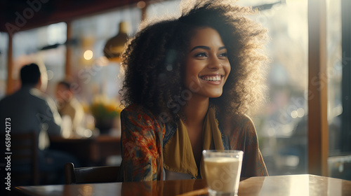 African american woman drinking coffee in cafe. Happy afro woman talking with friend in cafe smiling sunset time, Valentine day lifestyle, 14 Febryary, dating