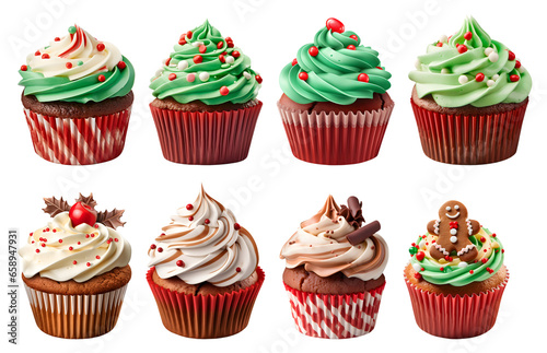 Set Cupcake christmas muffin Gingerbread with various on transparent background cutout, PNG file. for product presentation. banner, poster, card, t shirt, sticker