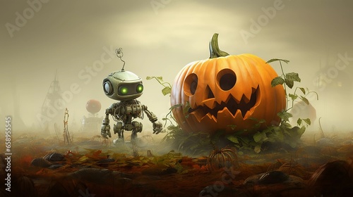Kleiner Roboter trifft Halloween Kürbis.