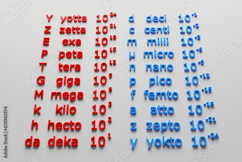 Table of Metric Prefixes - 3D render illustration - white background