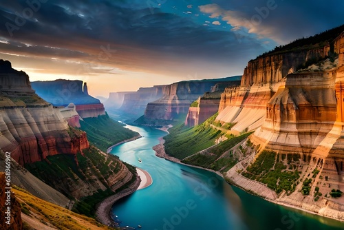 A rugged canyon carved by time, with sheer cliffs and a river winding through the depths