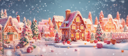  Christmas gingerbread city or town. Colorful christmas gingerbread house panorama - concept