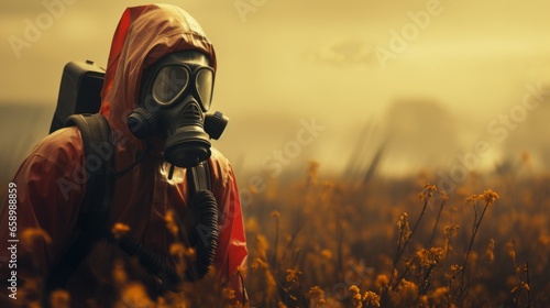 Person in a hazmat suit and gas mask standing in a filed. Concept of toxic pesticide usage. Generative AI 