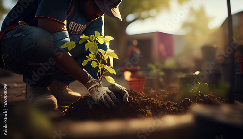 Person planting trees or working in community garden promoting local food production and habitat restoration, concept of Sustainability and Community Engagement. Created with Generative AI technology