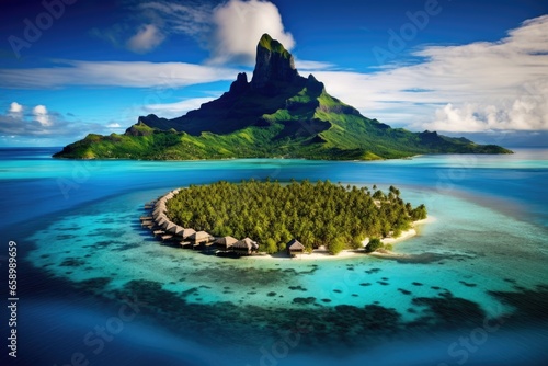 Tropical island with palm trees and small island in the ocean, Bora bora aerial view, tahiti french polynesia, AI Generated