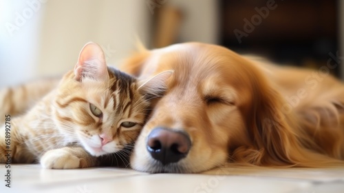 Cat and dog sleeping together. Kitten and golden retriever taking nap. Home pets. Animal care. Love and friendship. Domestic animals.