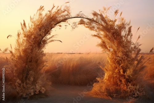 an arch made of dried grass at sunset, in the style of photorealistic renderings, light brown and gold
